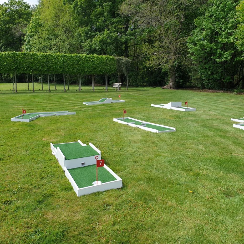 Hazel gap barn crazy golf setup on lawn